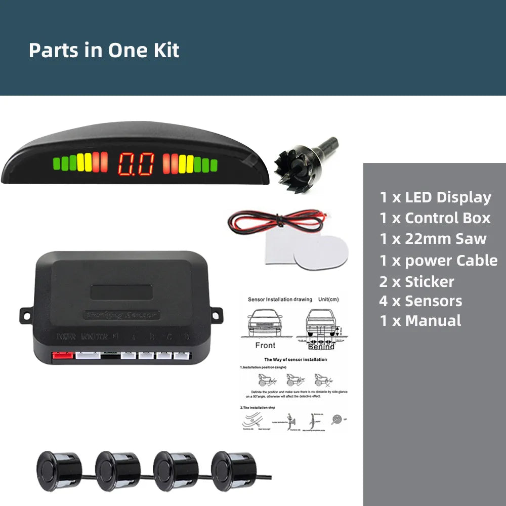 Wicksonline™  Car LED Parking Sensor Kit 4 Sensors 22mm Backlight Display Reverse Backup Radar Monitor System 12V 8 Colors