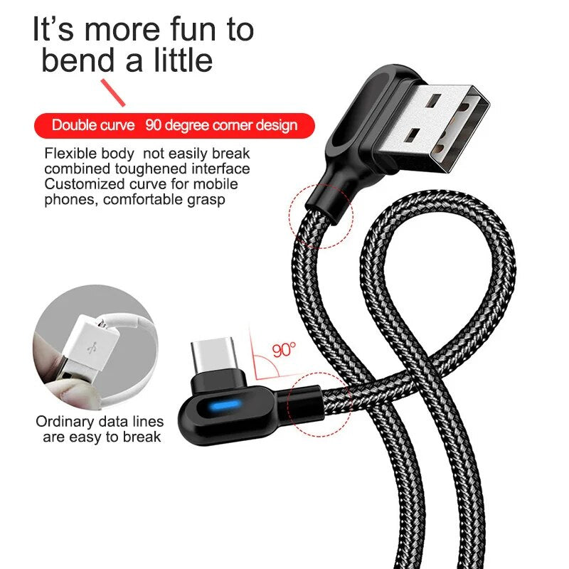 Wicksonline™ Micro USB Type C Cable With  90 Degree Elbow 0.5 M 1 M 2 M Fast Charging Charger Data Cables For Samsung Xiaomi cables