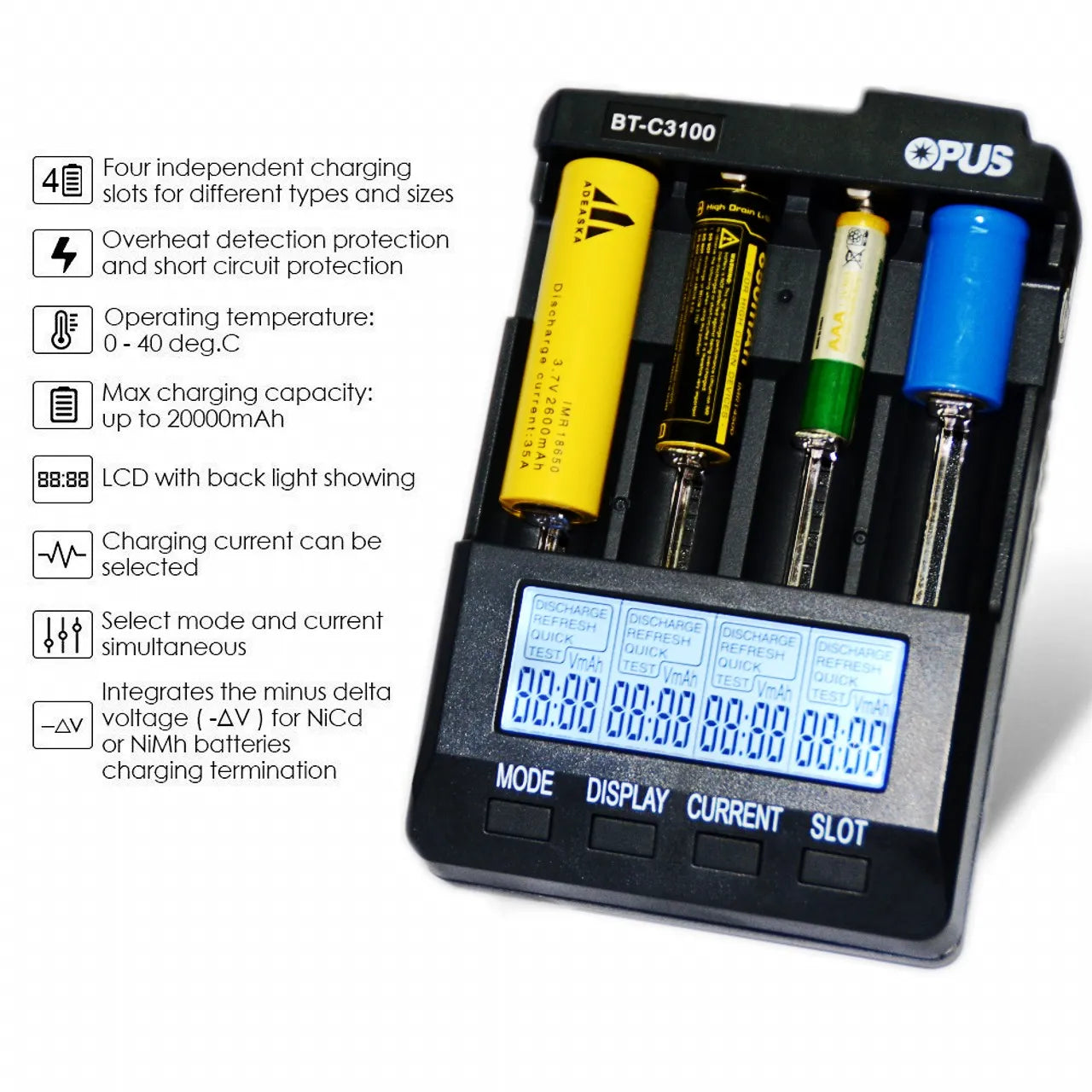 Wicksonline™ BT-C3100 Digital Intelligent 4 Slots LCD Battery Charger For Li-ion NiCd NiMH AA AAA 10440 18650 Rechargeable Batteries