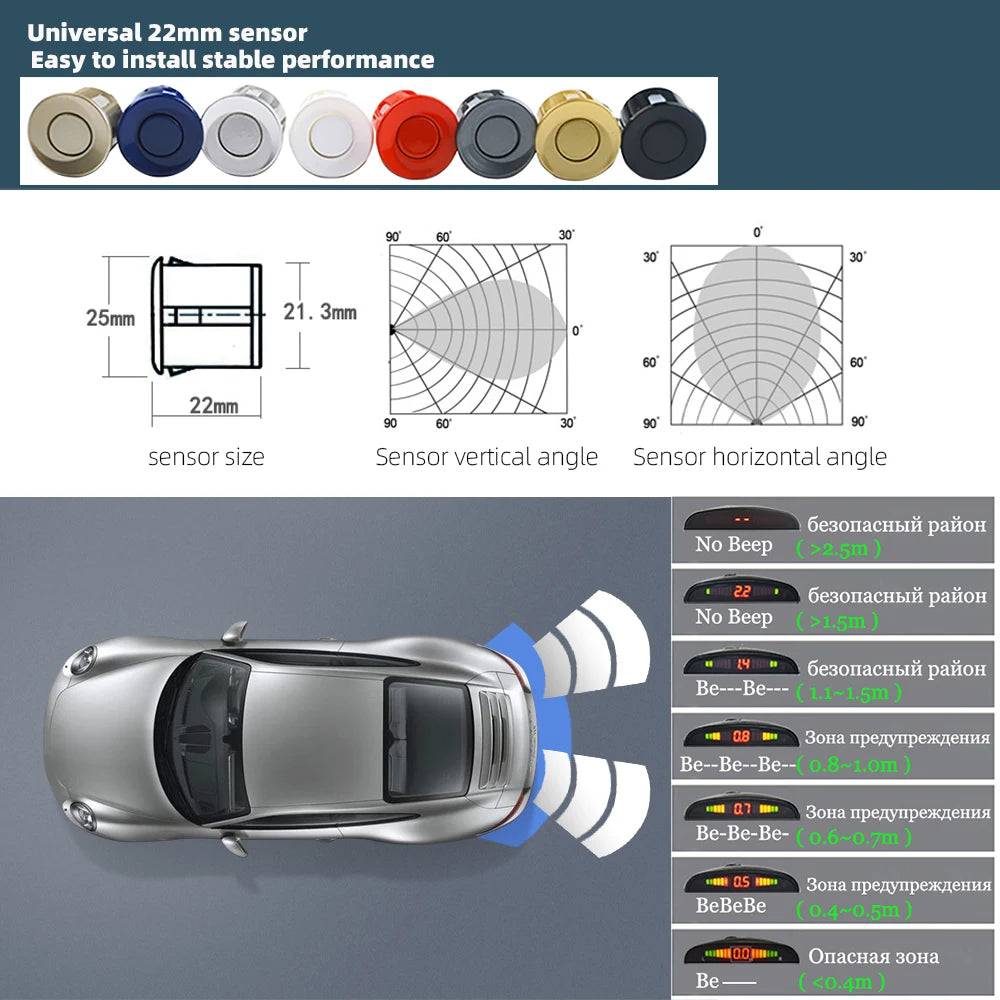 Wicksonline™  Car LED Parking Sensor Kit 4 Sensors 22mm Backlight Display Reverse Backup Radar Monitor System 12V 8 Colors